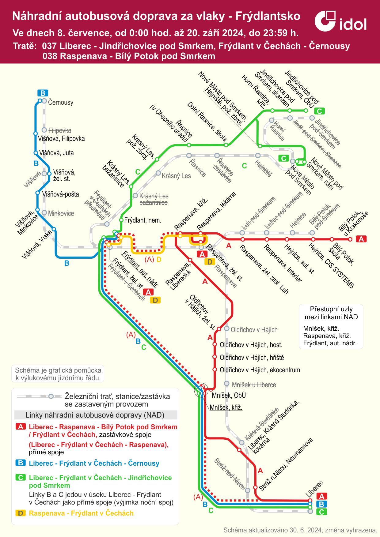 Schéma vedení linek náhradní autobusové dopravy od 8.7. do 20.9.2024