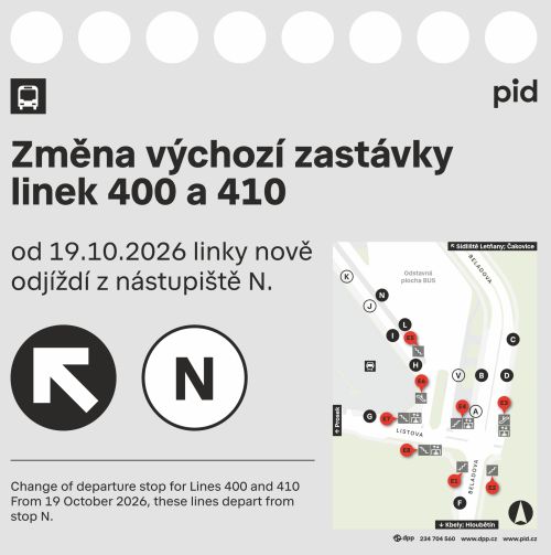 Změna zastávek linek 400 a 410 v Praze od 19. října 2026